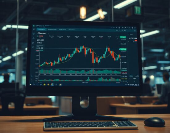 Ethereum trading dashboard on a computer screen in a dark office, illustrating whale accumulation activity