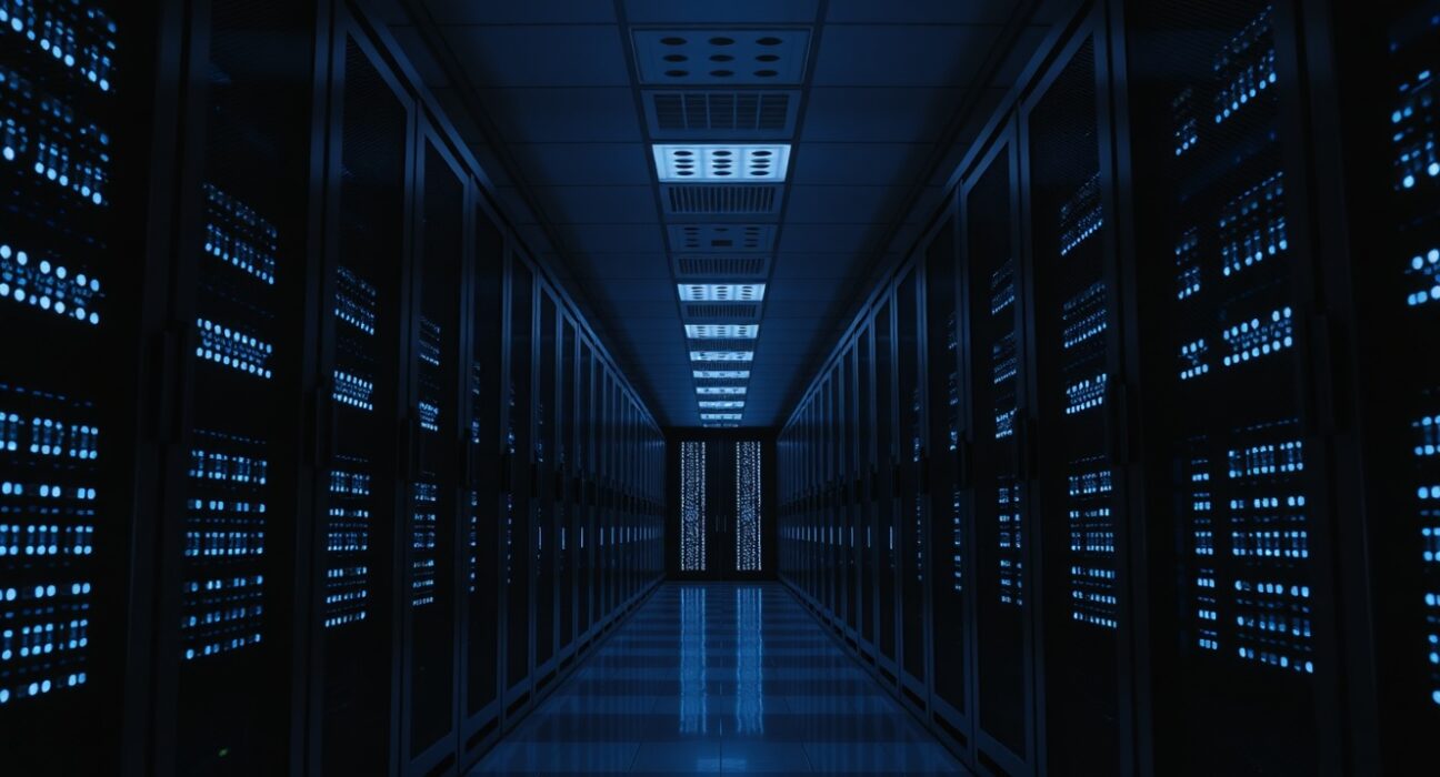Modern server room with blue-lit servers representing cryptocurrency data processing