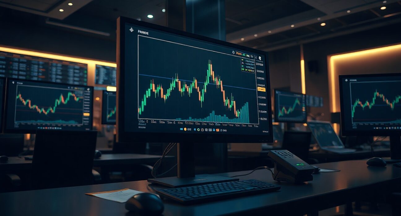 Ethereum price chart on a trading monitor with a green uptrend, symbolizing a large ETH purchase.