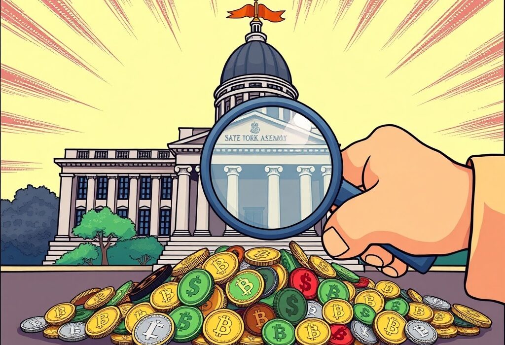 A cartoon illustration depicting the potential impact of a crypto tax New York bill on digital assets, with legislative buildings and digital coins.