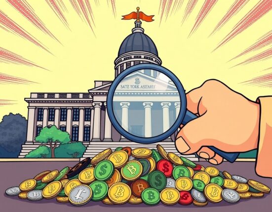 A cartoon illustration depicting the potential impact of a crypto tax New York bill on digital assets, with legislative buildings and digital coins.