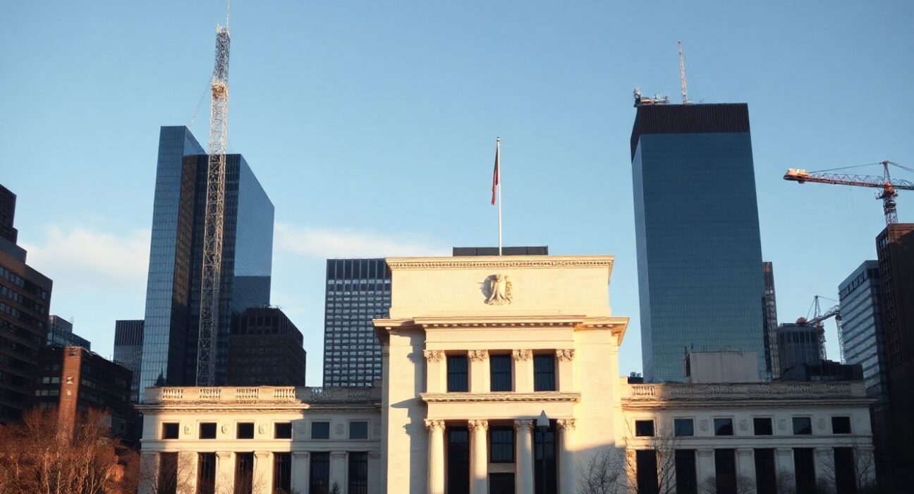 New York Federal Reserve building with industrial skyline in background, representing manufacturing economic data