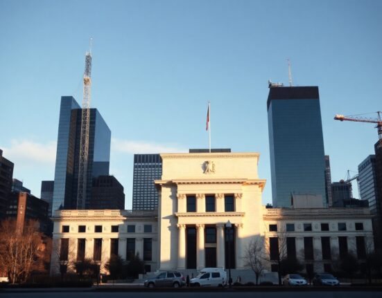 New York Federal Reserve building with industrial skyline in background, representing manufacturing economic data