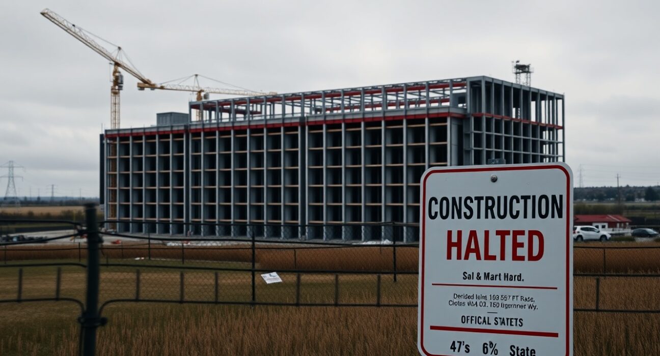 Construction of a large data center halted under New York state moratorium with official signage
