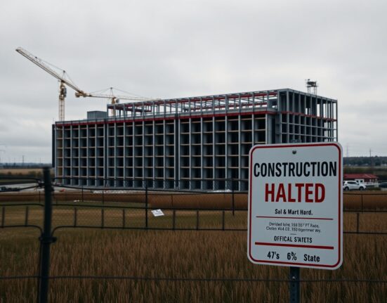 Construction of a large data center halted under New York state moratorium with official signage