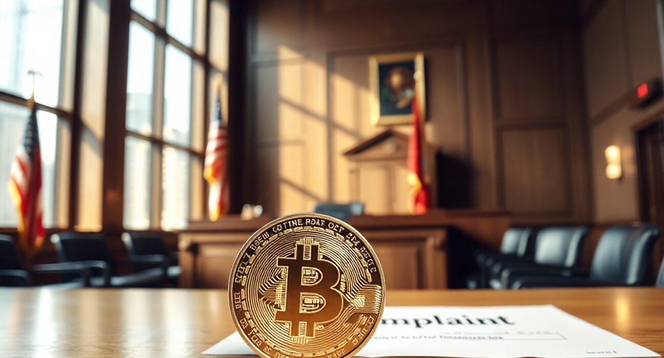 Bitcoin coin and legal complaint on courtroom table in New York