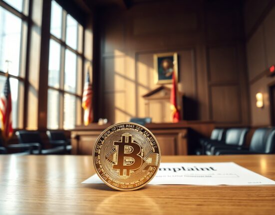 Bitcoin coin and legal complaint on courtroom table in New York
