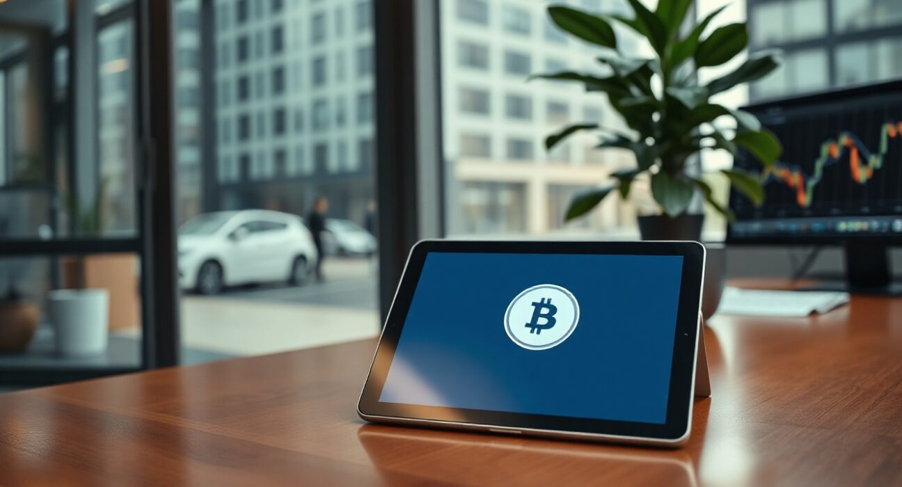Modern office setting with a digital tablet displaying a bond-to-token transformation graphic, representing institutional asset tokenization.