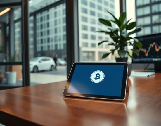 Modern office setting with a digital tablet displaying a bond-to-token transformation graphic, representing institutional asset tokenization.