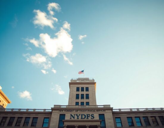 NYDFS building in Lower Manhattan on a clear day, representing New York's financial regulatory authority.