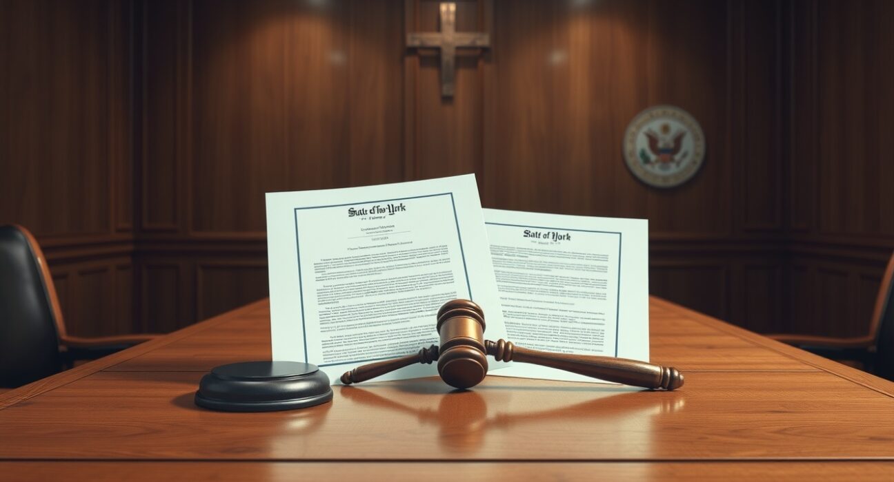 Legal documents from New York authorities regarding Coinbase and Gemini lawsuits on courtroom bench