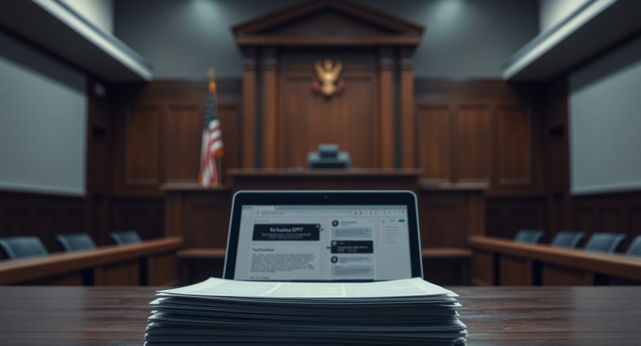 Courtroom scene with legal documents and a laptop displaying ChatGPT, representing the copyright lawsuit between the New York Times and OpenAI.