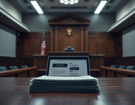 Courtroom scene with legal documents and a laptop displaying ChatGPT, representing the copyright lawsuit between the New York Times and OpenAI.