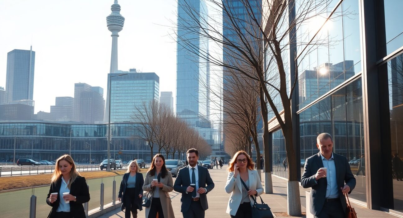 Business professionals walking in downtown Auckland on a clear winter morning, reflecting improved economic sentiment.