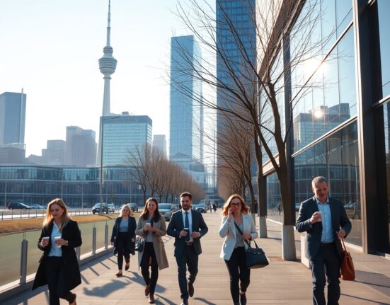 Business professionals walking in downtown Auckland on a clear winter morning, reflecting improved economic sentiment.