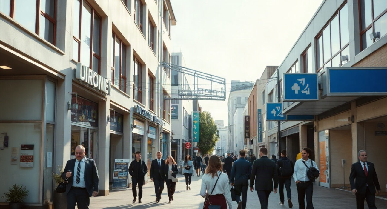 Auckland street scene with businesses and pedestrians, reflecting economic activity.