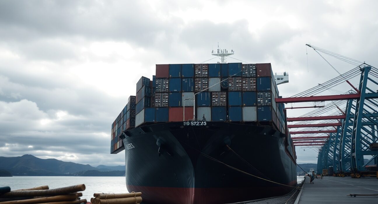 Container ship loaded with logs and dairy cargo at a New Zealand port under overcast sky