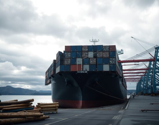 Container ship loaded with logs and dairy cargo at a New Zealand port under overcast sky