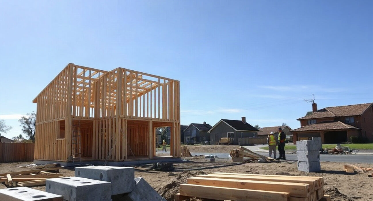 Construction site for a new residential building in New Zealand with timber framing and workers in the background