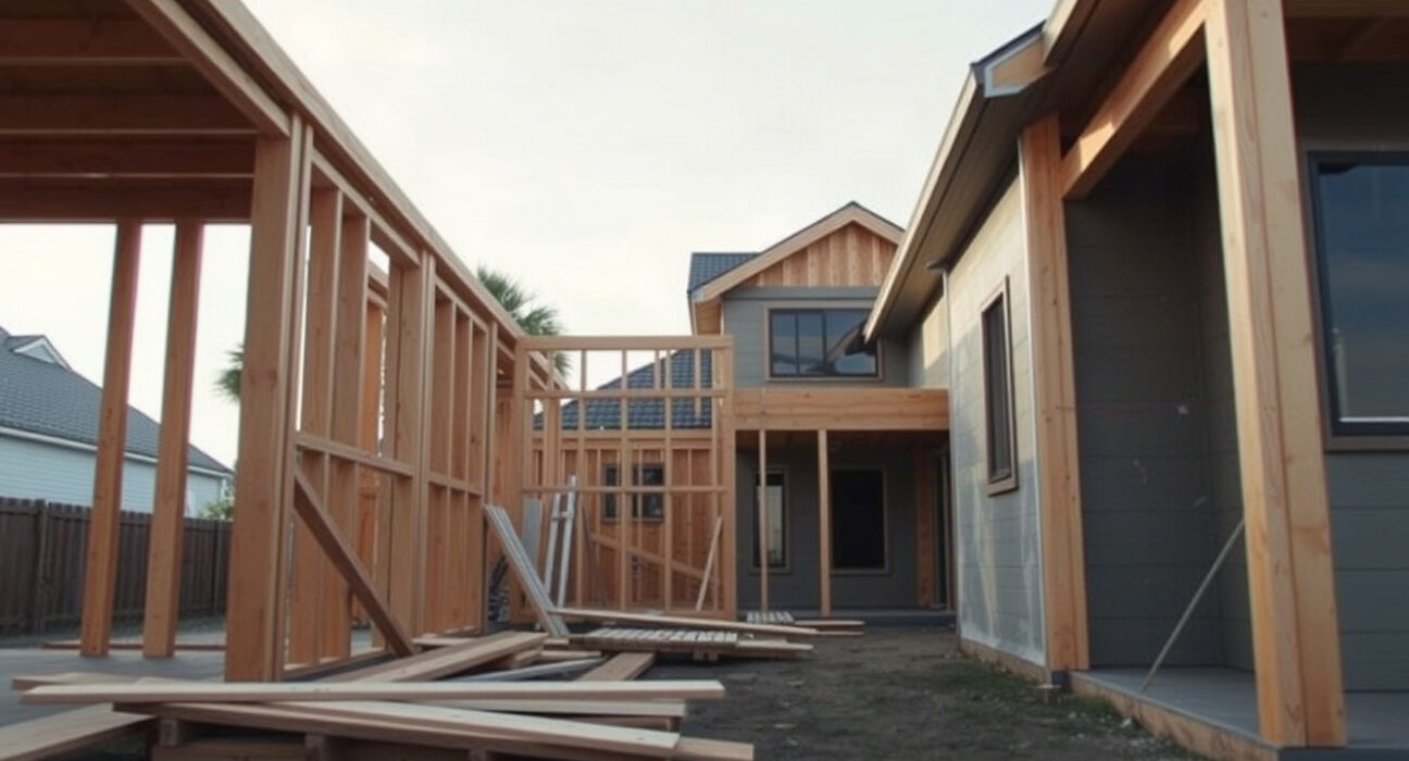 Residential construction site in New Zealand with wooden framing and building materials under clear sky