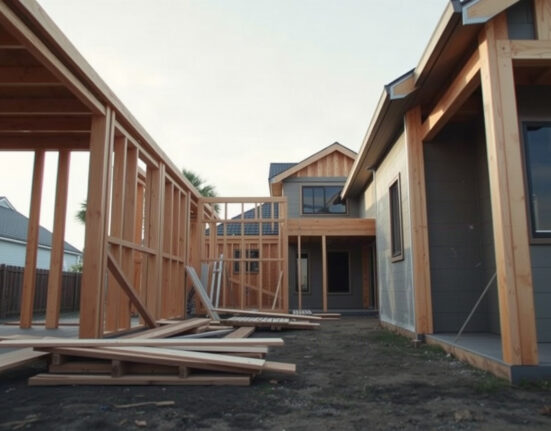 Residential construction site in New Zealand with wooden framing and building materials under clear sky
