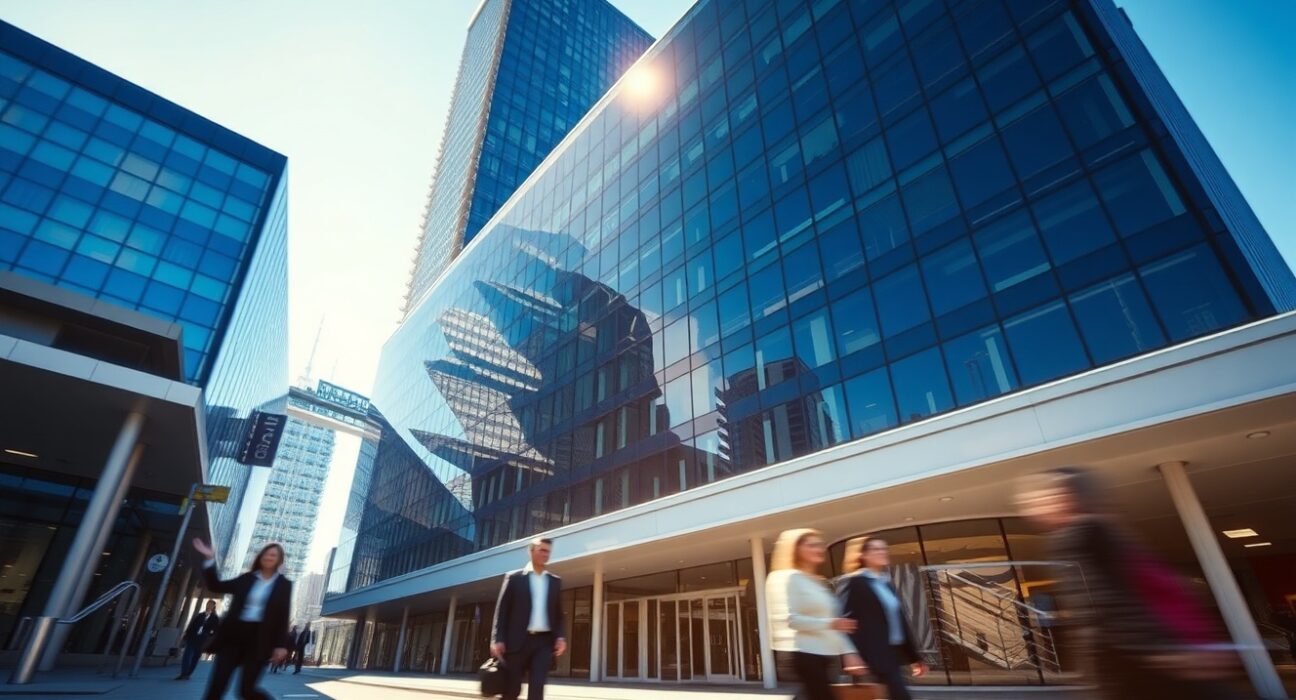 Modern office building exterior in a New Zealand city on a sunny winter day, symbolizing rising business confidence.
