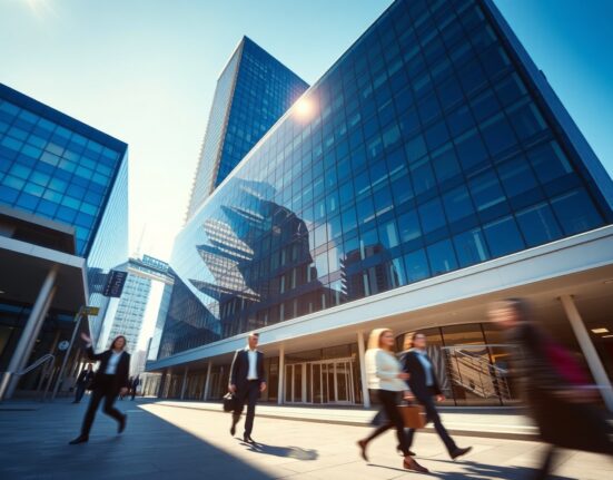 Modern office building exterior in a New Zealand city on a sunny winter day, symbolizing rising business confidence.