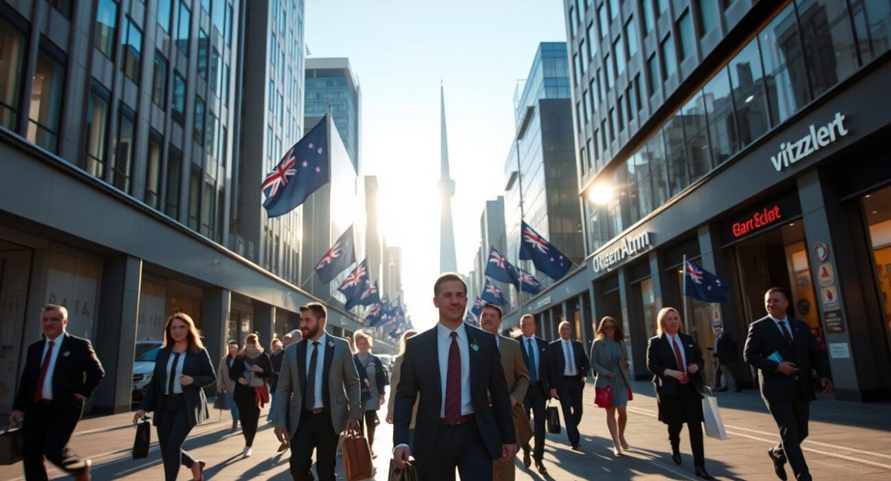 Busy commercial street in New Zealand city center with business professionals walking, representing economic activity and business sentiment.