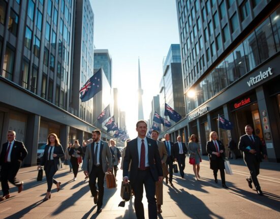 Busy commercial street in New Zealand city center with business professionals walking, representing economic activity and business sentiment.