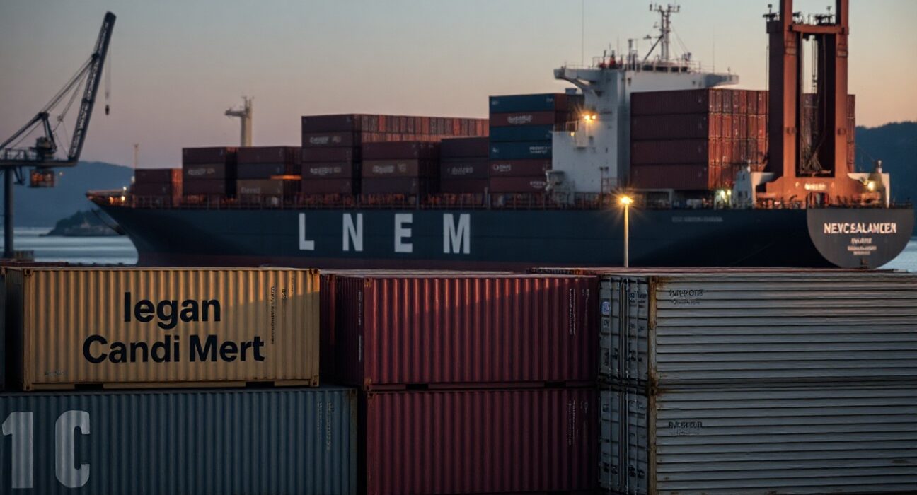 New Zealand port with cargo ship and containers at dusk, representing commodity exports