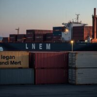 New Zealand port with cargo ship and containers at dusk, representing commodity exports