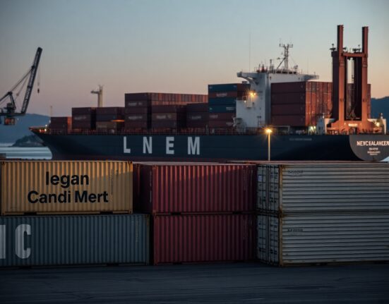 New Zealand port with cargo ship and containers at dusk, representing commodity exports