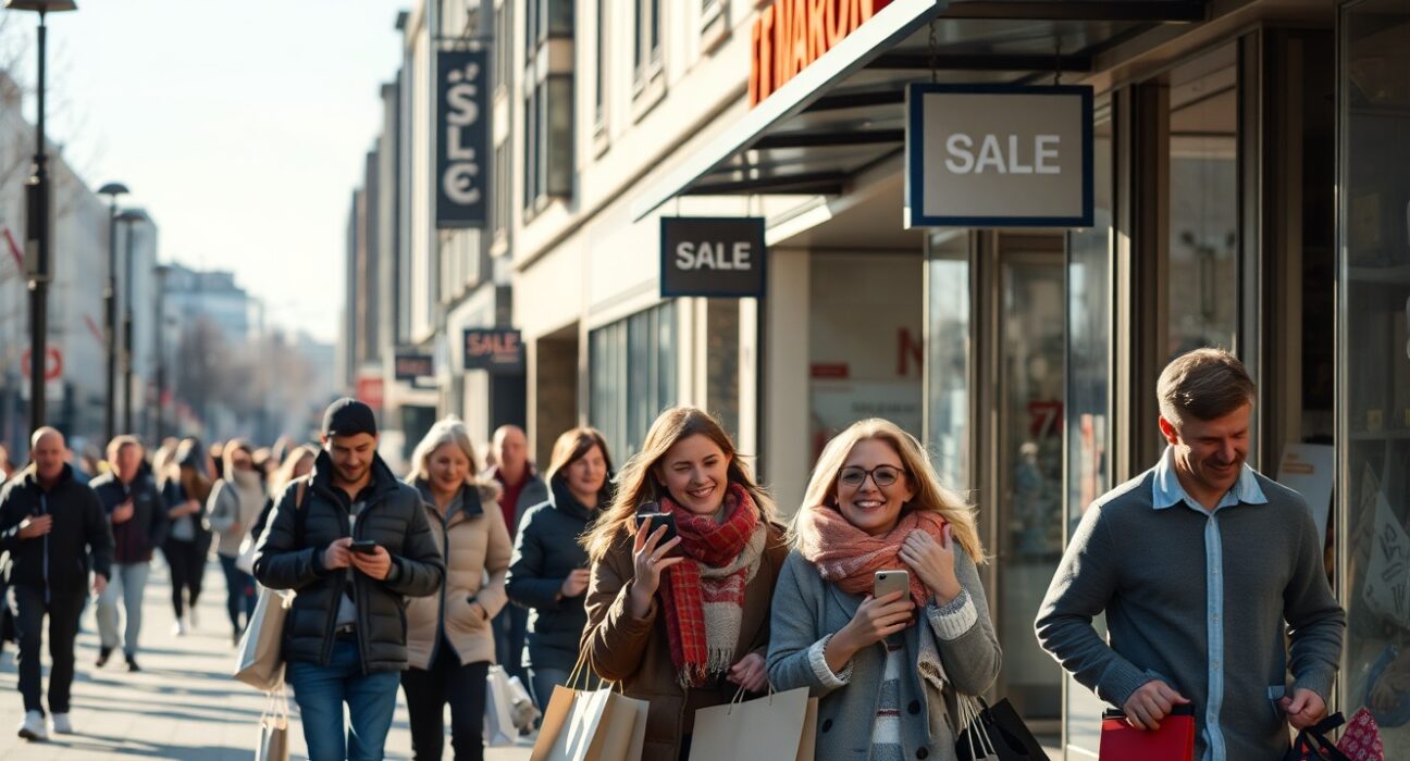 Shoppers on a sunny New Zealand street, reflecting improved consumer sentiment.
