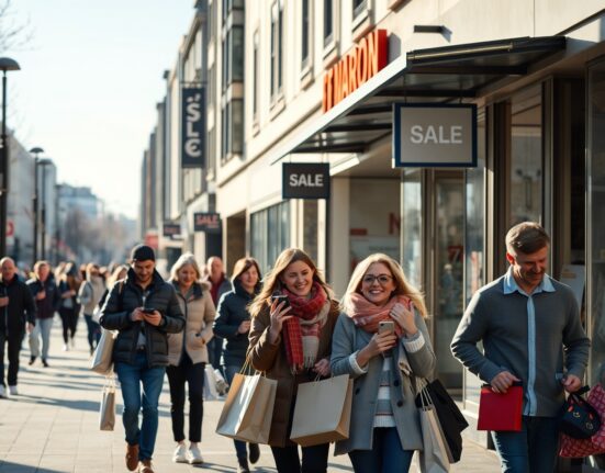 Shoppers on a sunny New Zealand street, reflecting improved consumer sentiment.