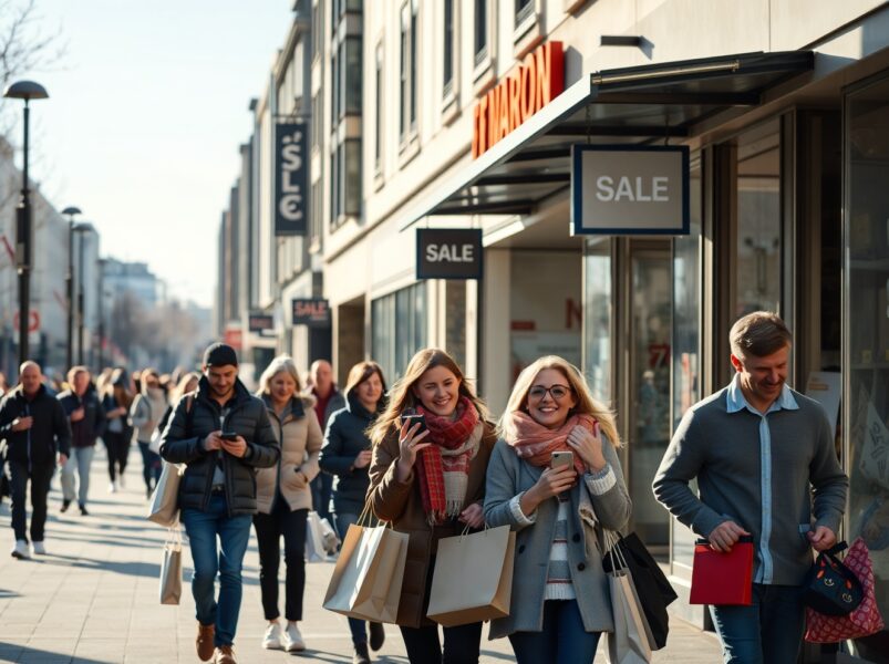 Shoppers on a sunny New Zealand street, reflecting improved consumer sentiment.