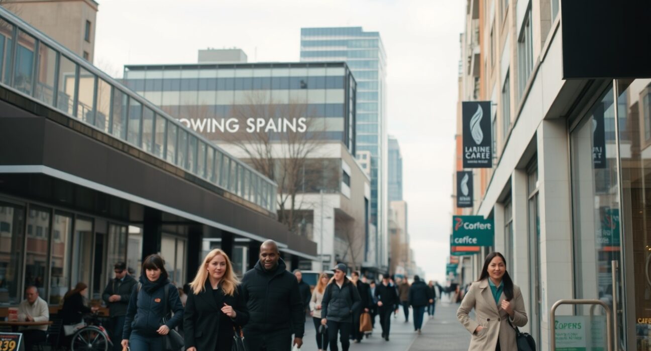 Pedestrians walking on a New Zealand city street on a winter morning