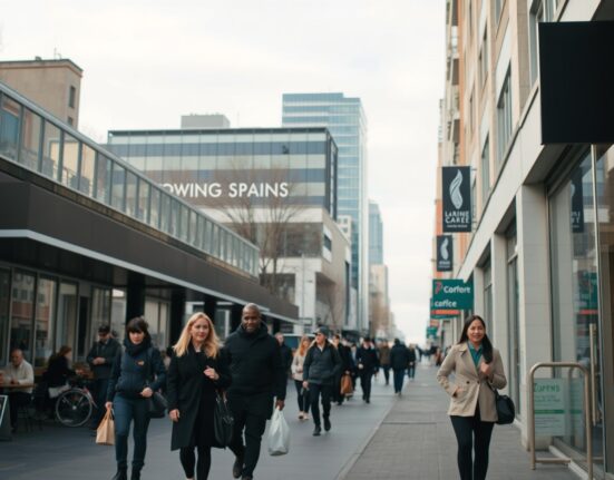 Pedestrians walking on a New Zealand city street on a winter morning