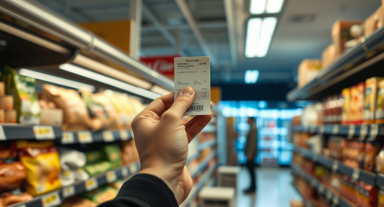 Shopper looking at price tags in a New Zealand supermarket, representing rising consumer prices.