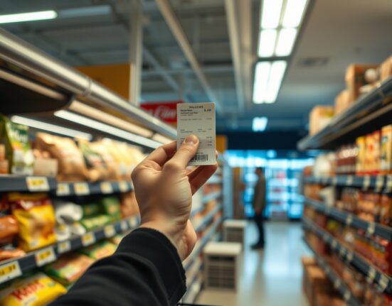 Shopper looking at price tags in a New Zealand supermarket, representing rising consumer prices.