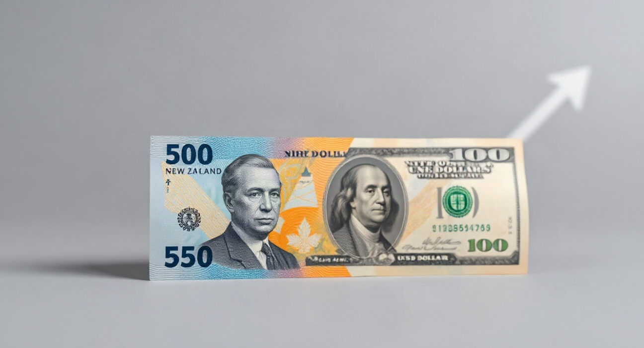 New Zealand Dollar banknotes with an upward chart in the background, representing currency strength