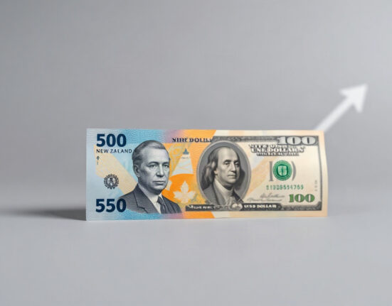 New Zealand Dollar banknotes with an upward chart in the background, representing currency strength