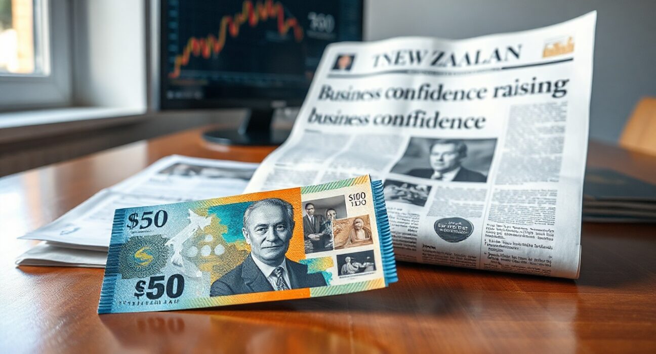 New Zealand Dollar banknote on a desk next to a newspaper headline about business confidence rising