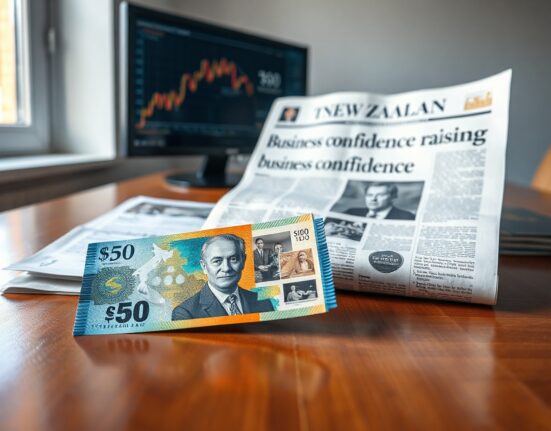 New Zealand Dollar banknote on a desk next to a newspaper headline about business confidence rising