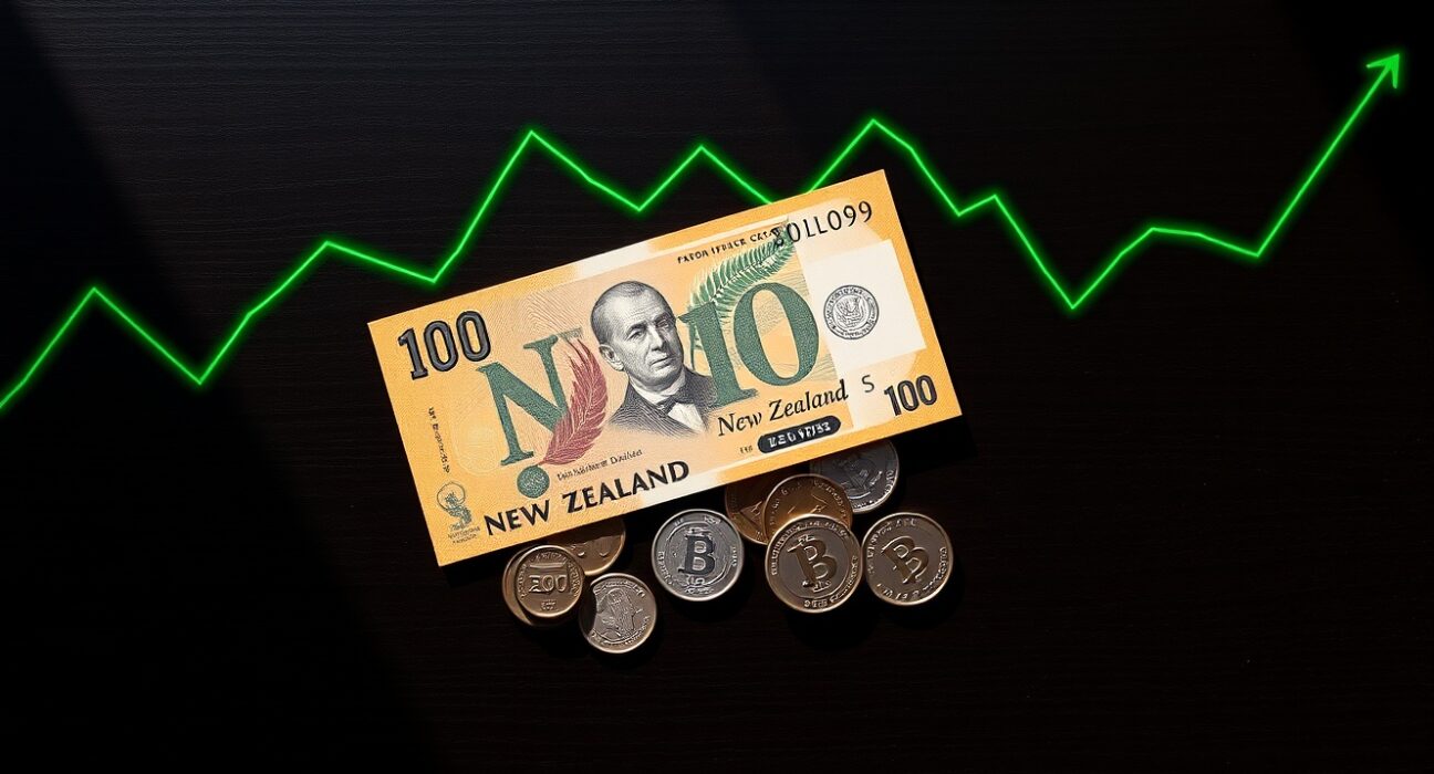 New Zealand Dollar banknotes and coins with an upward trending graph, representing positive economic outlook.