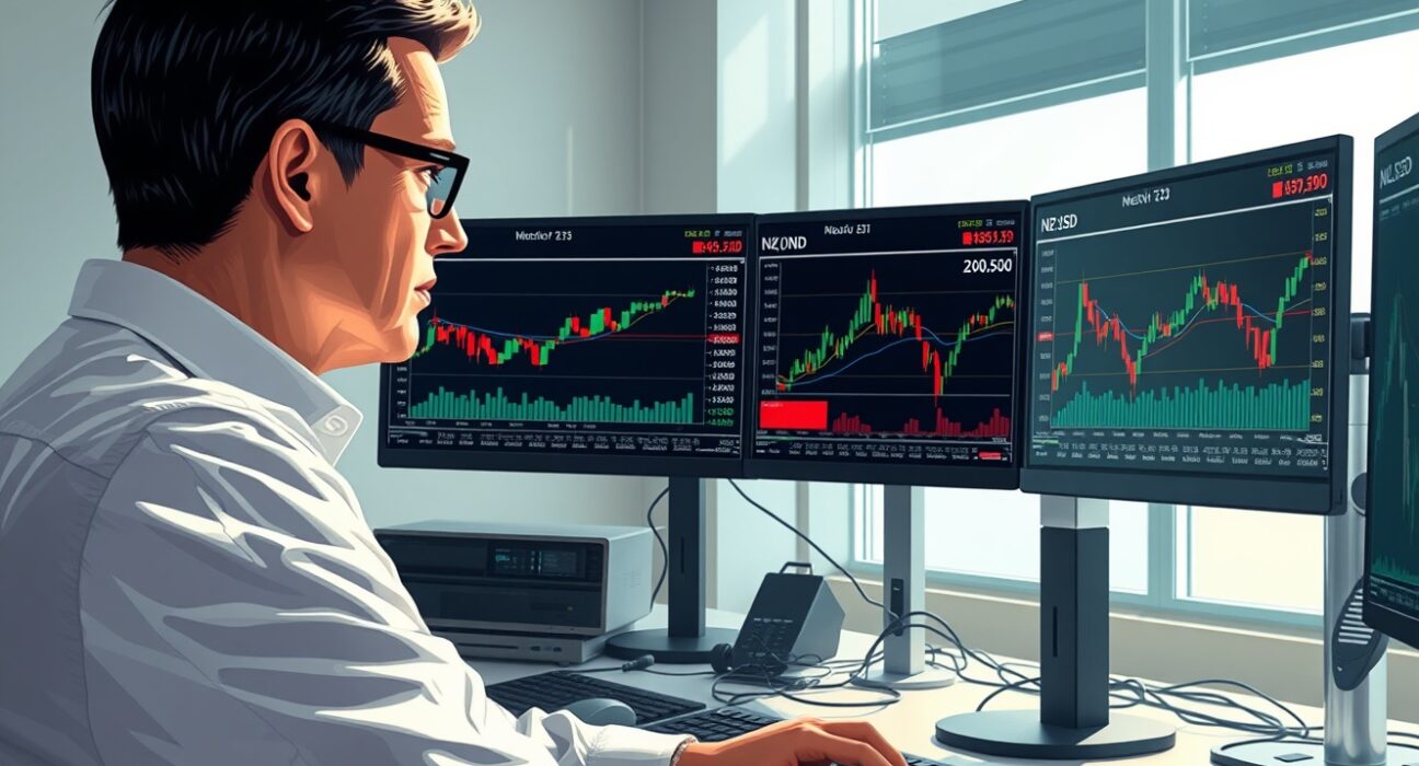 Financial analyst monitors New Zealand Dollar and Chinese inflation data on trading screens.