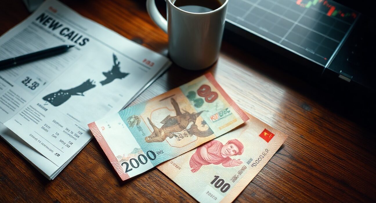 New Zealand Dollar and Chinese Yuan banknotes on a financial newspaper with a stock chart in the background.