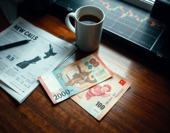 New Zealand Dollar and Chinese Yuan banknotes on a financial newspaper with a stock chart in the background.