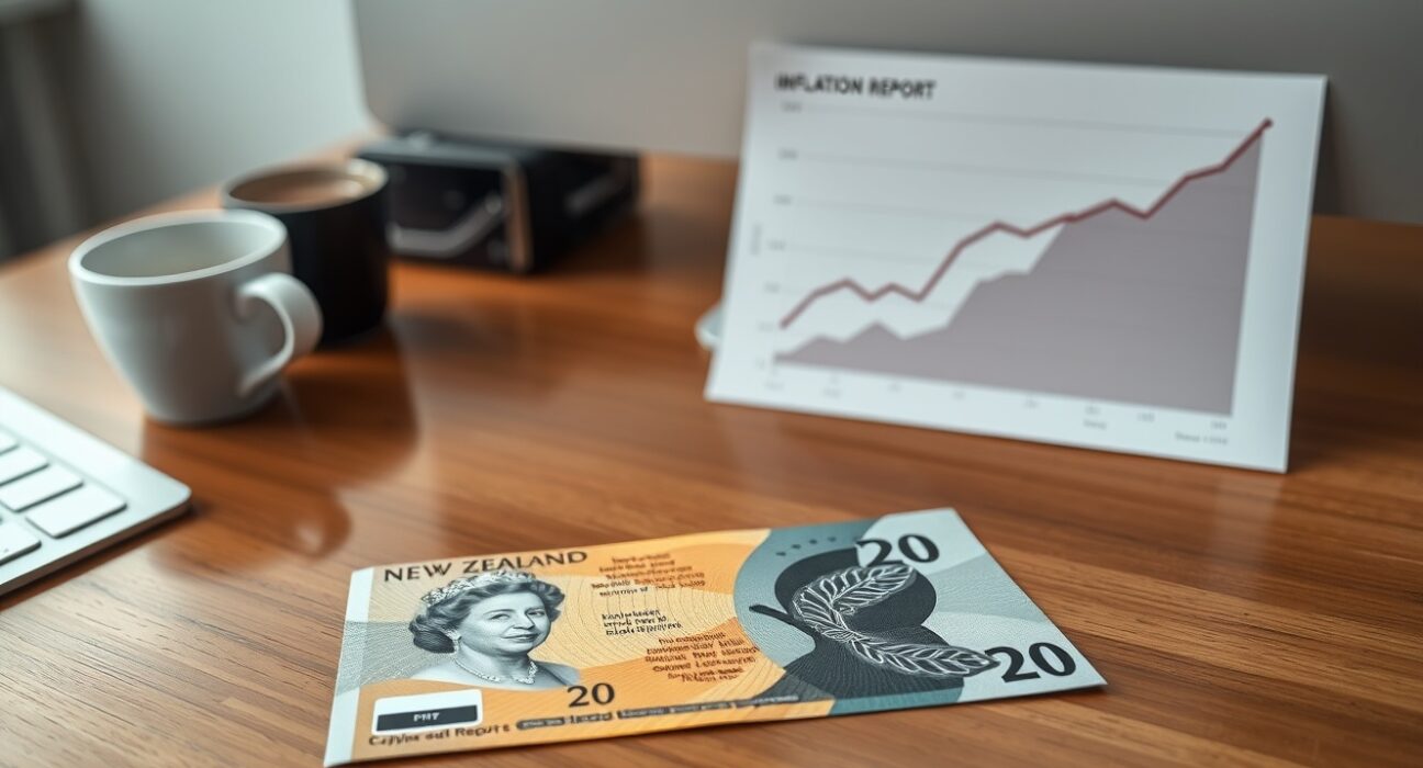 New Zealand Dollar banknote with inflation report on desk, indicating monetary policy analysis