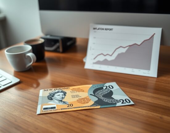 New Zealand Dollar banknote with inflation report on desk, indicating monetary policy analysis