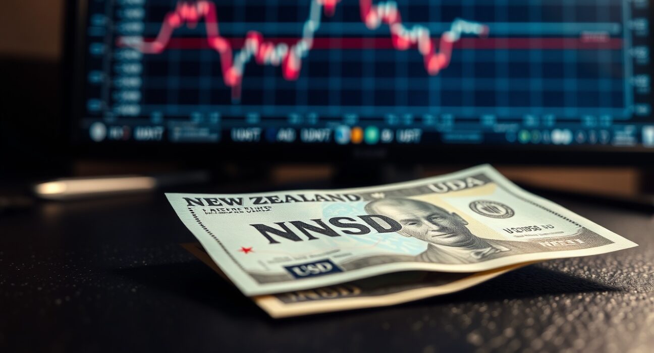 New Zealand Dollar and US Dollar banknotes on a desk with a financial chart showing a decline.